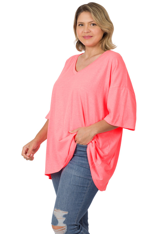 Neon Coral Pink V-Neck Drop Shoulder Tee