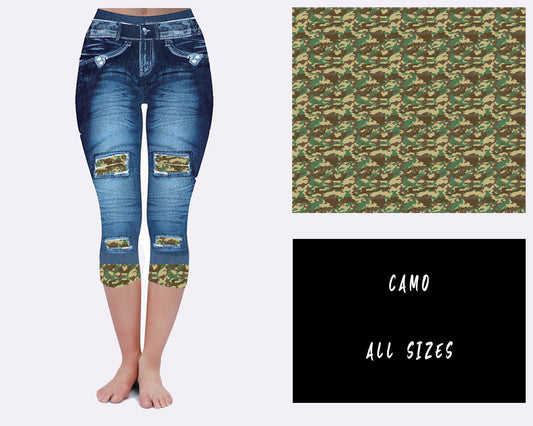 Camo Blue Faux Denim Capri Leggings with Back Pockets (GC)