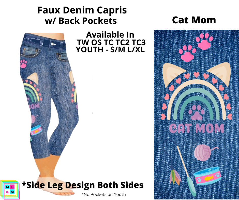 Cat Mom Faux Denim Capri Leggings with Back Pockets (Pixie)