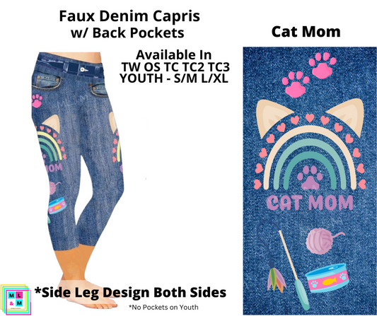 Cat Mom Faux Denim Capri Leggings with Back Pockets (Pixie)