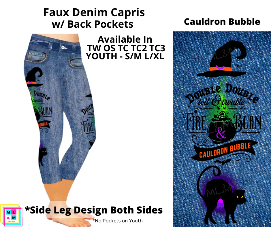 Cauldron Bubble Faux Denim Capri Leggings with Back Pockets (Pixie)