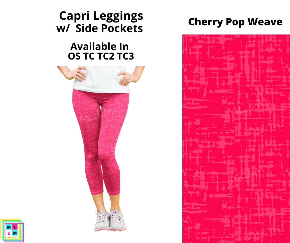 Neon Pop Weave Cherry Capri Leggings with Pockets (Pixie)