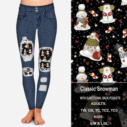 Classic Snowman Faux Denim Peek-A-Boo Leggings with Pockets (GY)