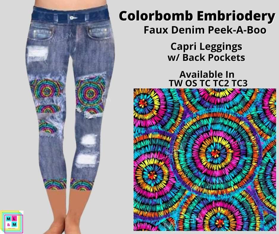 Colorbomb Embroidery Faux Denim Peek-A-Boo Capri Leggings with Back Pockets (Pixie)