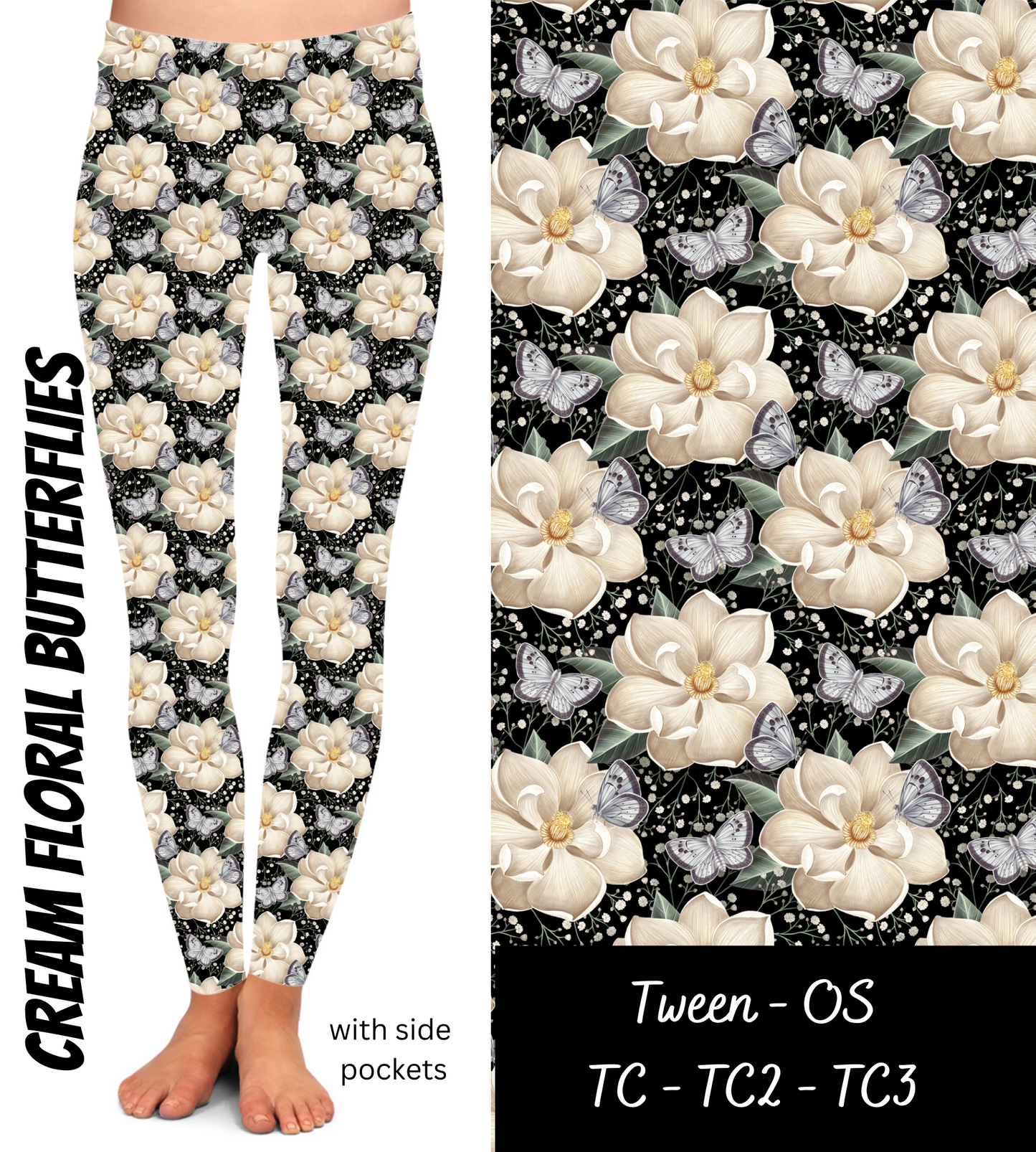 Cream Butterfly & Flowers Leggings with Pockets (GY)