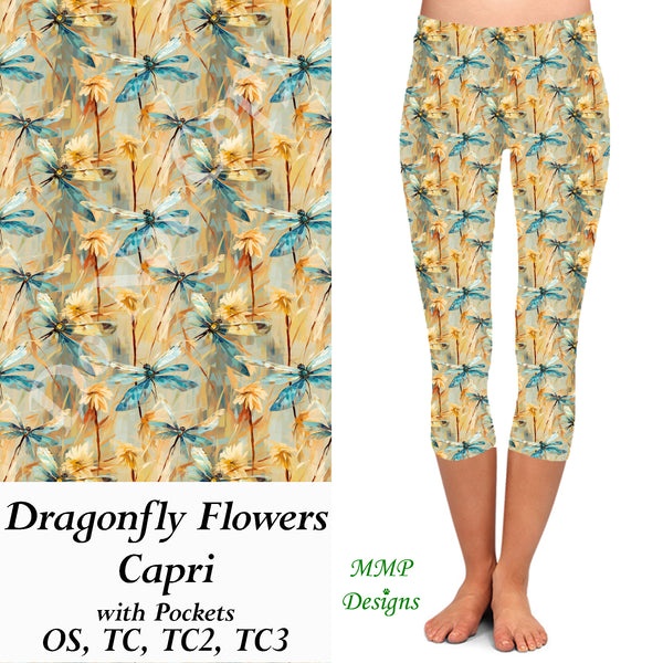 Dragonfly Flowers Capri Leggings with Pockets (MMP)