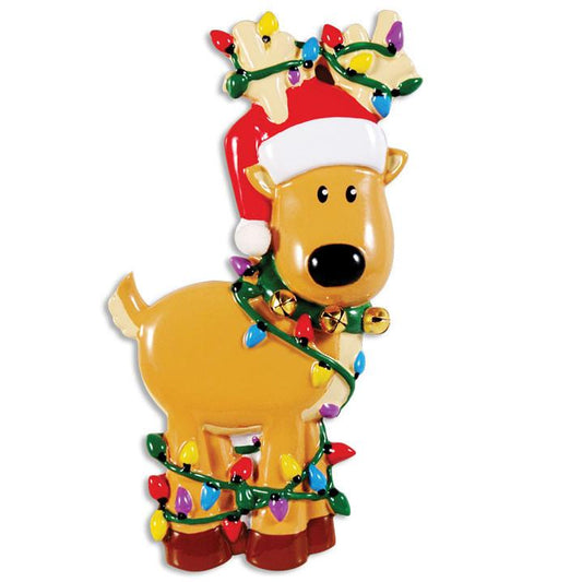 Personalized Poly-Resin Ornament Reindeer Tangled in Lights