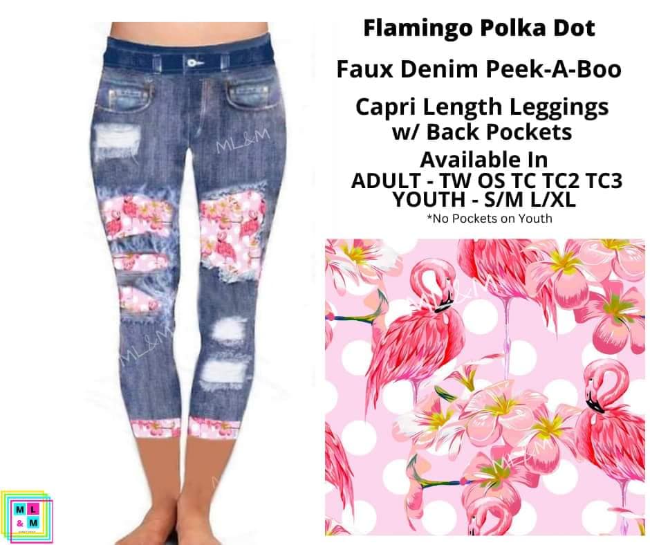 Flamingo Polka Dot Faux Denim Peek-A-Boo Capri Leggings with Back Pockets (Pixie)