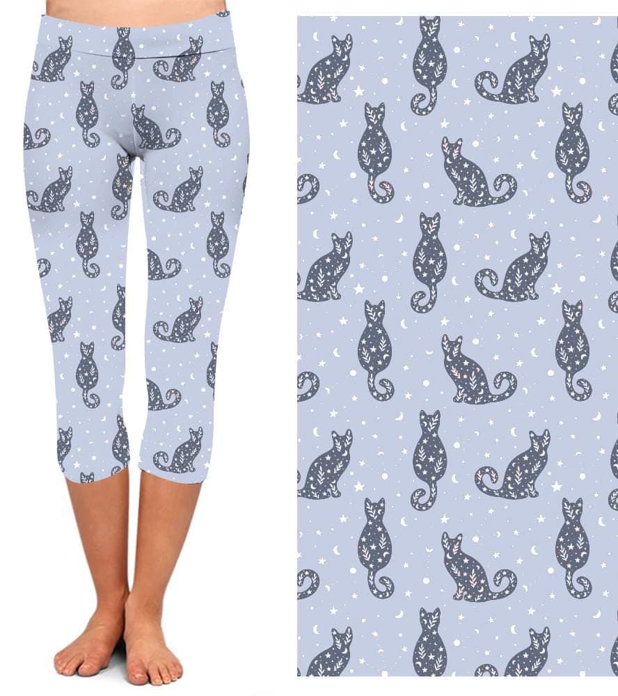 Floral Cat Silhouettes Capri Leggings with Pockets (SLB)