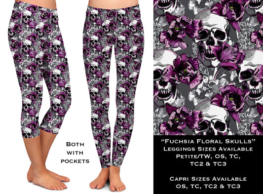 Fuchsia Floral Skulls Capri Leggings with Pockets (WW)