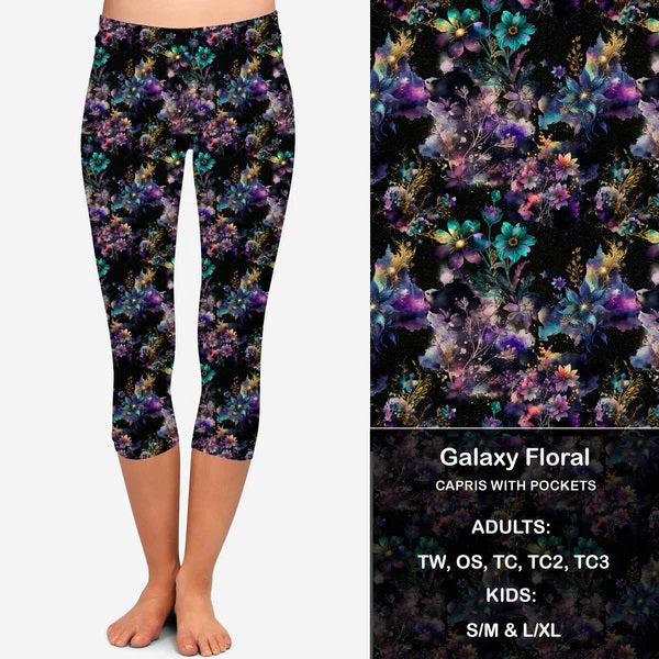 Galaxy Floral Capri Leggings with Pockets (GY)