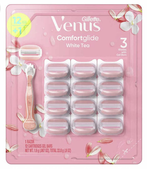 Gillette Venus Comfortglide Razor Handle + 12 Cartridges White Tea Scent