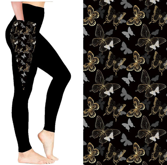 Gold & Gray Butterfly Sports Pocket Leggings (SLB)