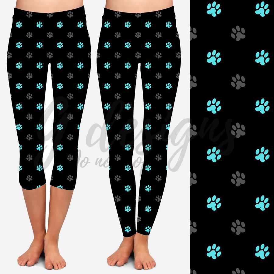 Gray & Teal Paws Capri Leggings (G Designs)