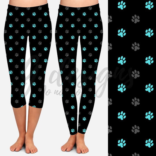 Gray & Teal Paws Capri Leggings (G Designs)
