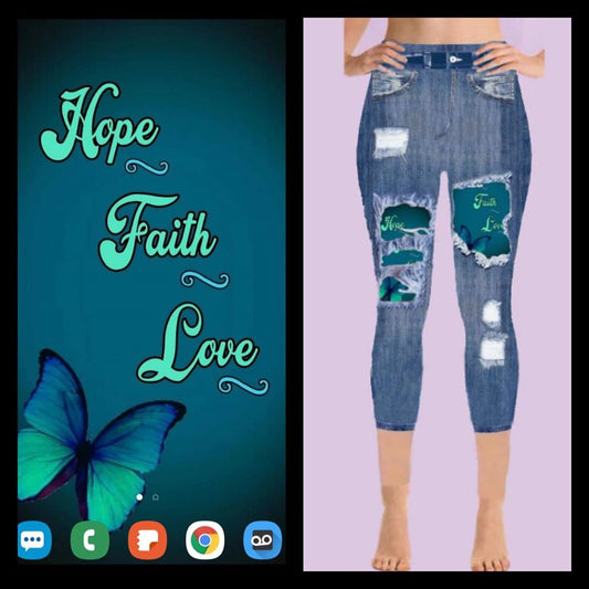 Hope Faith Love Faux Denim Capri Leggings (MB)