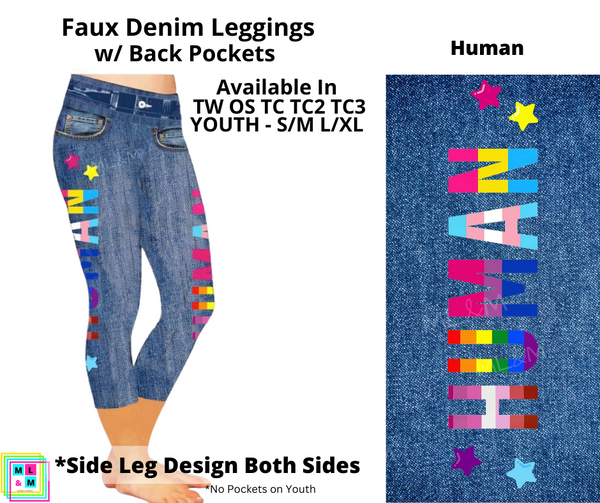 Human Faux Denim Capri Leggings with Pockets (Pixie)