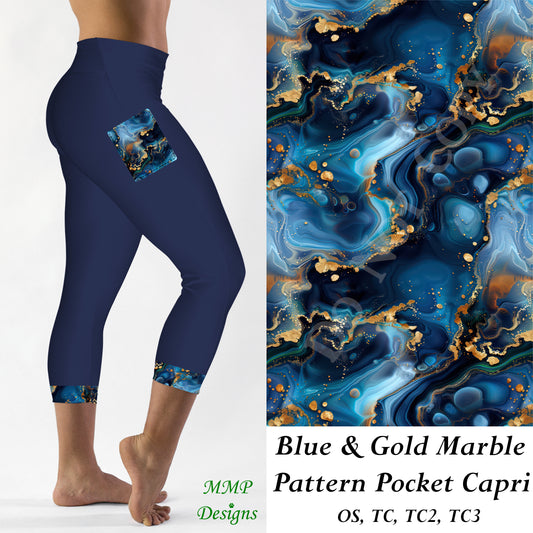 Blue & Gold Marble Pattern Pocket Capri (MMP)