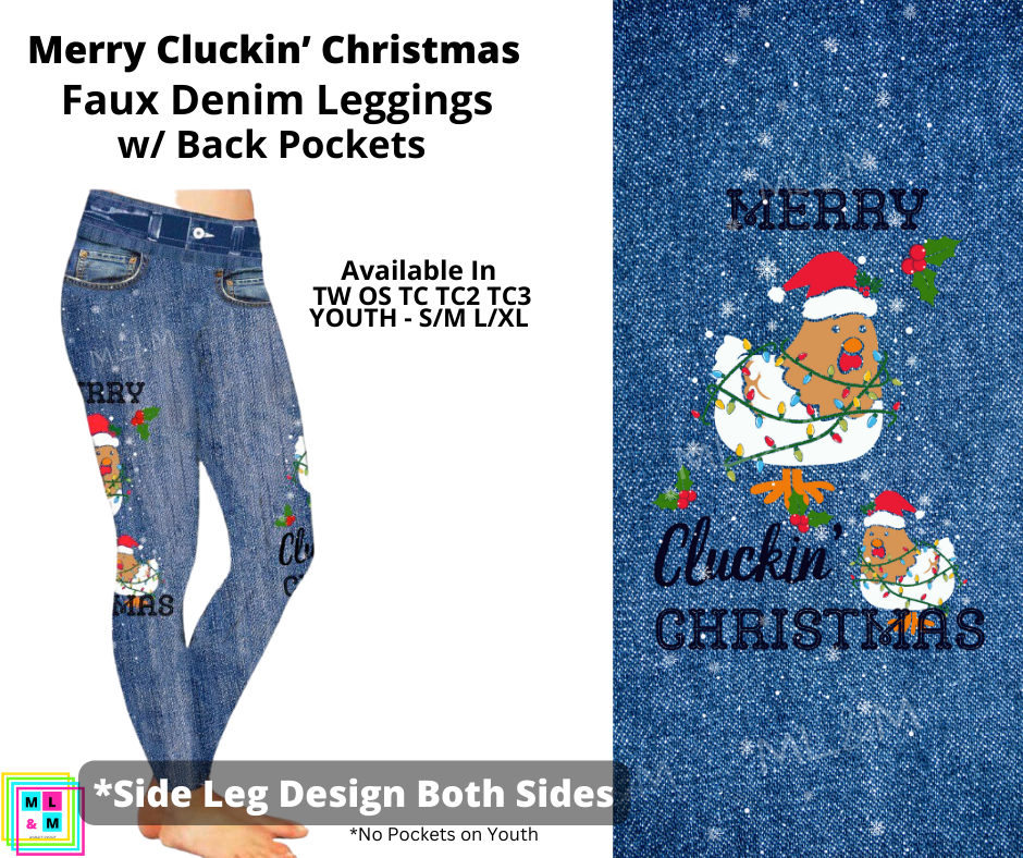 Merry Cluckin' Christmas Faux Denim Leggings with Back Pockets (Pixie)