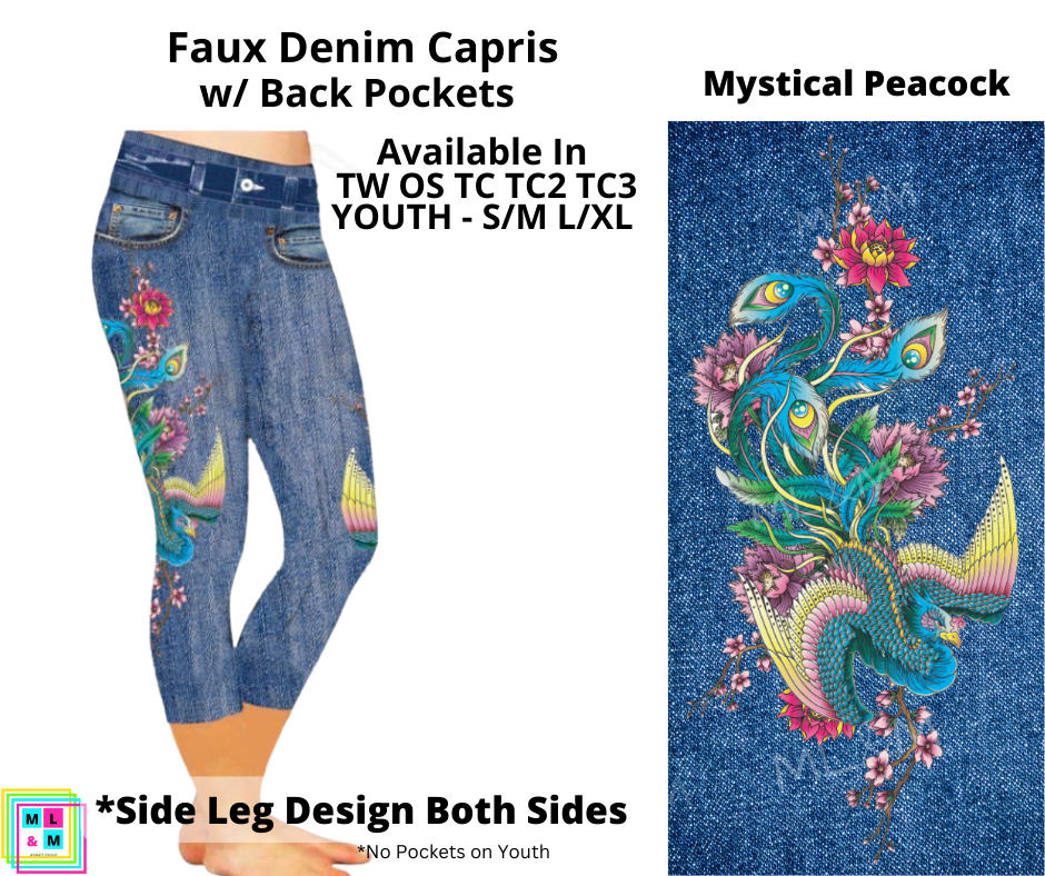 Mystical Peacock Faux Denim Capri Leggings with Back Pockets (Pixie)