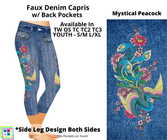 Mystical Peacock Faux Denim Capri Leggings with Back Pockets (Pixie)