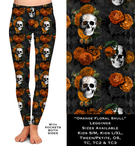 Orange Floral Skulls Leggings with Pockets (WW)