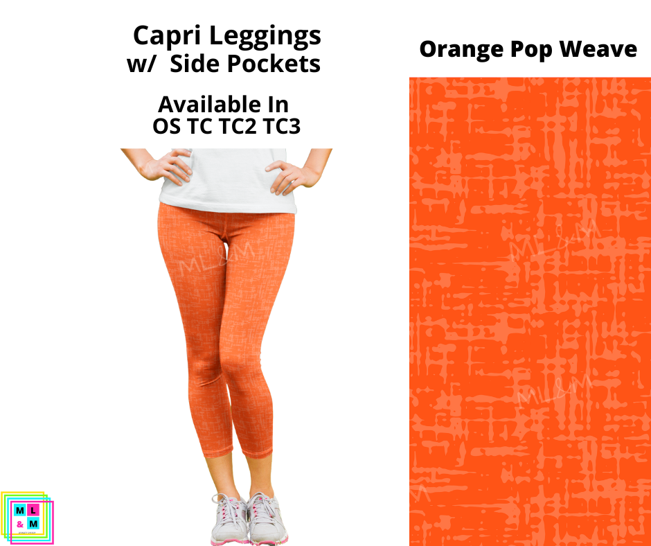 Neon Pop Weave Orange Capri Leggings with Pockets (Pixie)