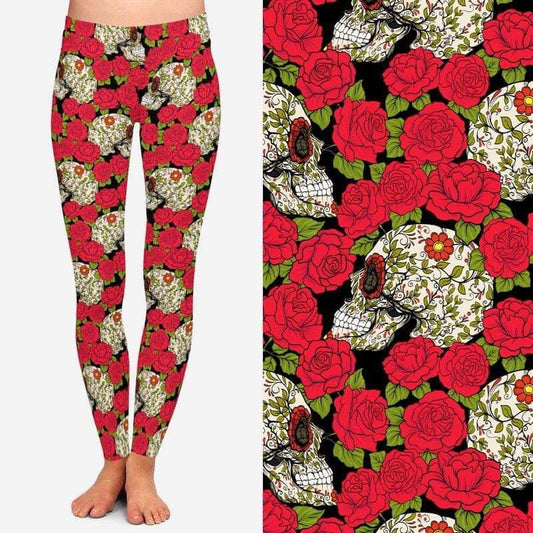 Ornate Floral Skulls Leggings with Pockets (TDL)