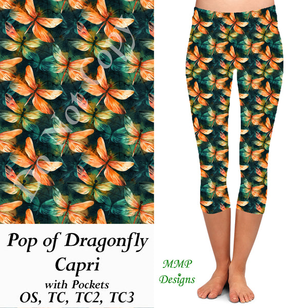Pop of Dragonfly Capri Leggings with Pockets (MMP)