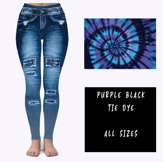 Purple Black Tie Dye Blue Faux Denim Leggings with Back Pockets (GC)