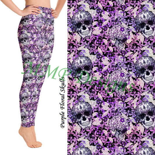 Purple Floral Skulls Leggings with Pockets (MMP)