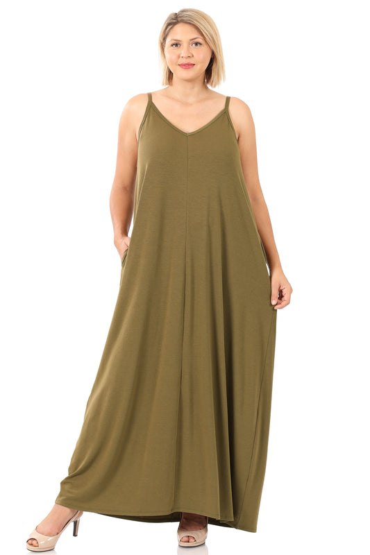 Dusty Olive Pleated Spaghetti Strap Maxi Dress