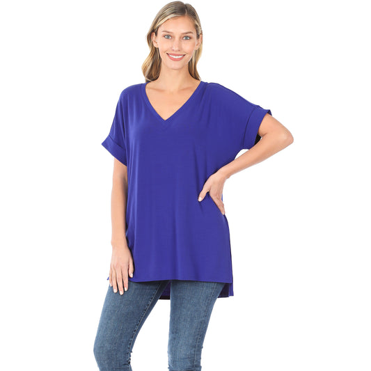 Bright Blue Rolled Sleeve V-Neck Tunic