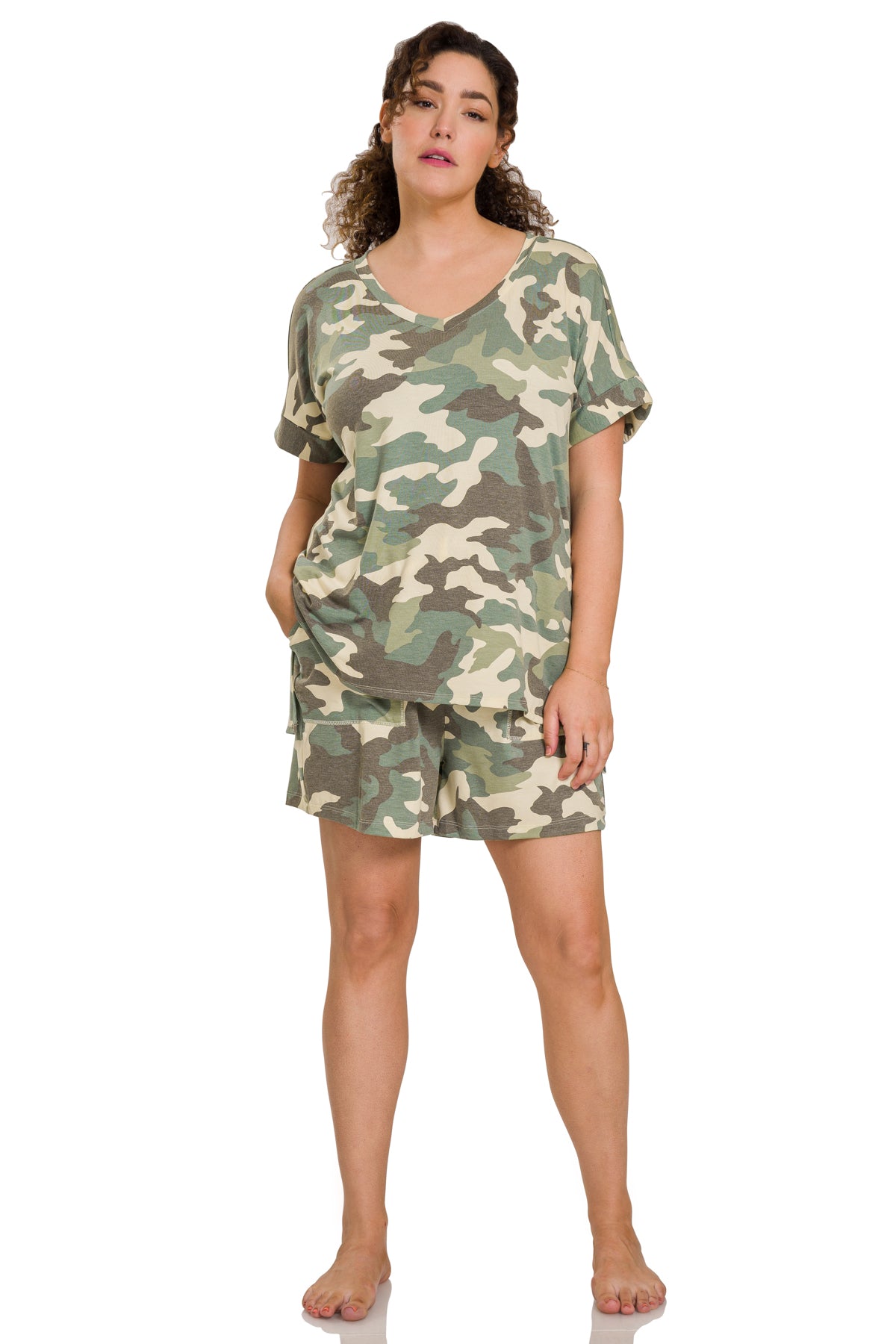 Green Camo V-Neck Top & Shorts