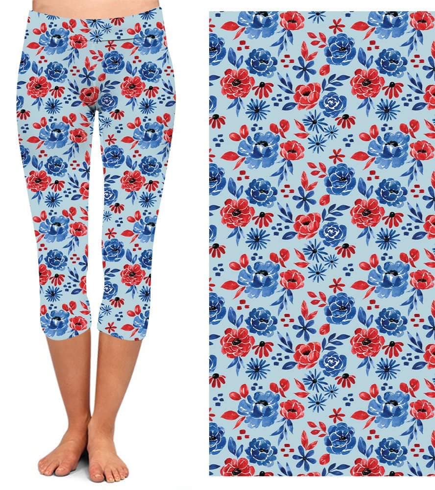 Red Flowers Capri Leggings with Pockets (SLB)