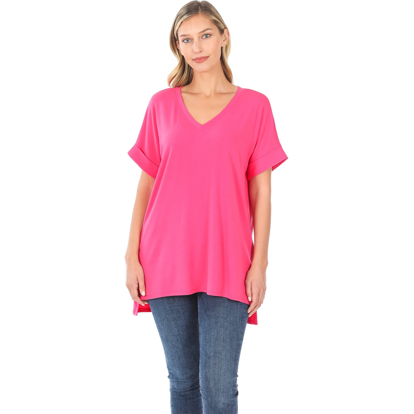 Fuchsia Rolled Sleeve Hi-Low Shirt