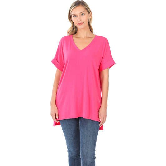 Fuchsia Rolled Sleeve Hi-Low Shirt