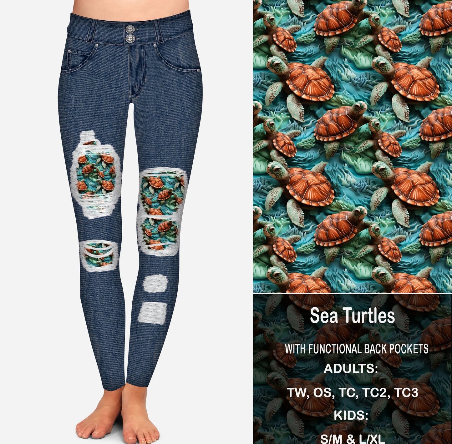 Sea Turtles Faux Denim Peek-A-Boo Leggings with Pockets (GY)