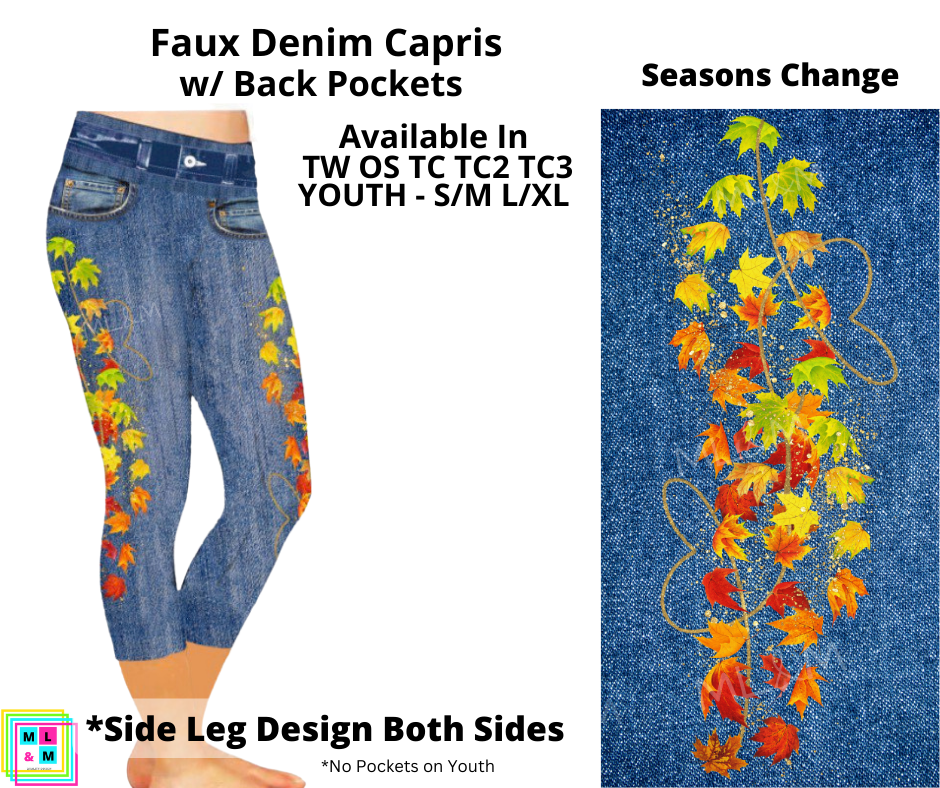 Seasons Change Faux Denim Capri Leggings with Back Pockets (Pixie)