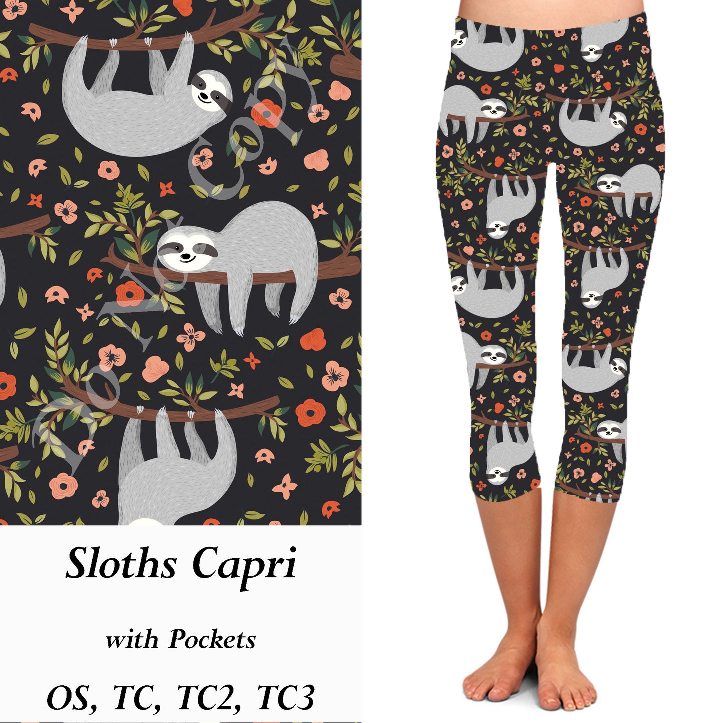 Sloths Capri Leggings with Pockets (SLB)