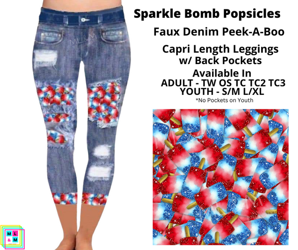 Sparkle Bomb Popsicle Faux Denim Capri Leggings with Pockets (Pixie)