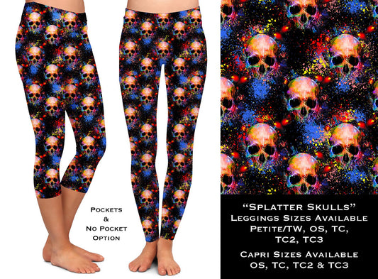 Splatter Skulls Leggings/Capri with Pockets (WW)