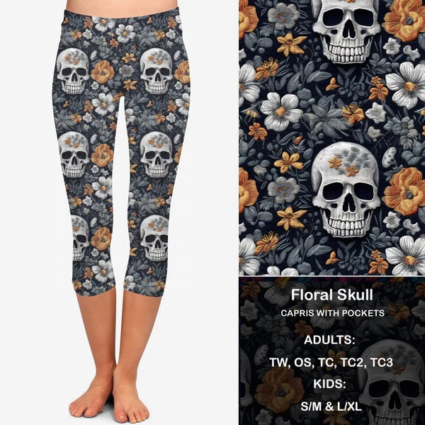 Stitched Floral Skull Capri Leggings with Pockets (GY)