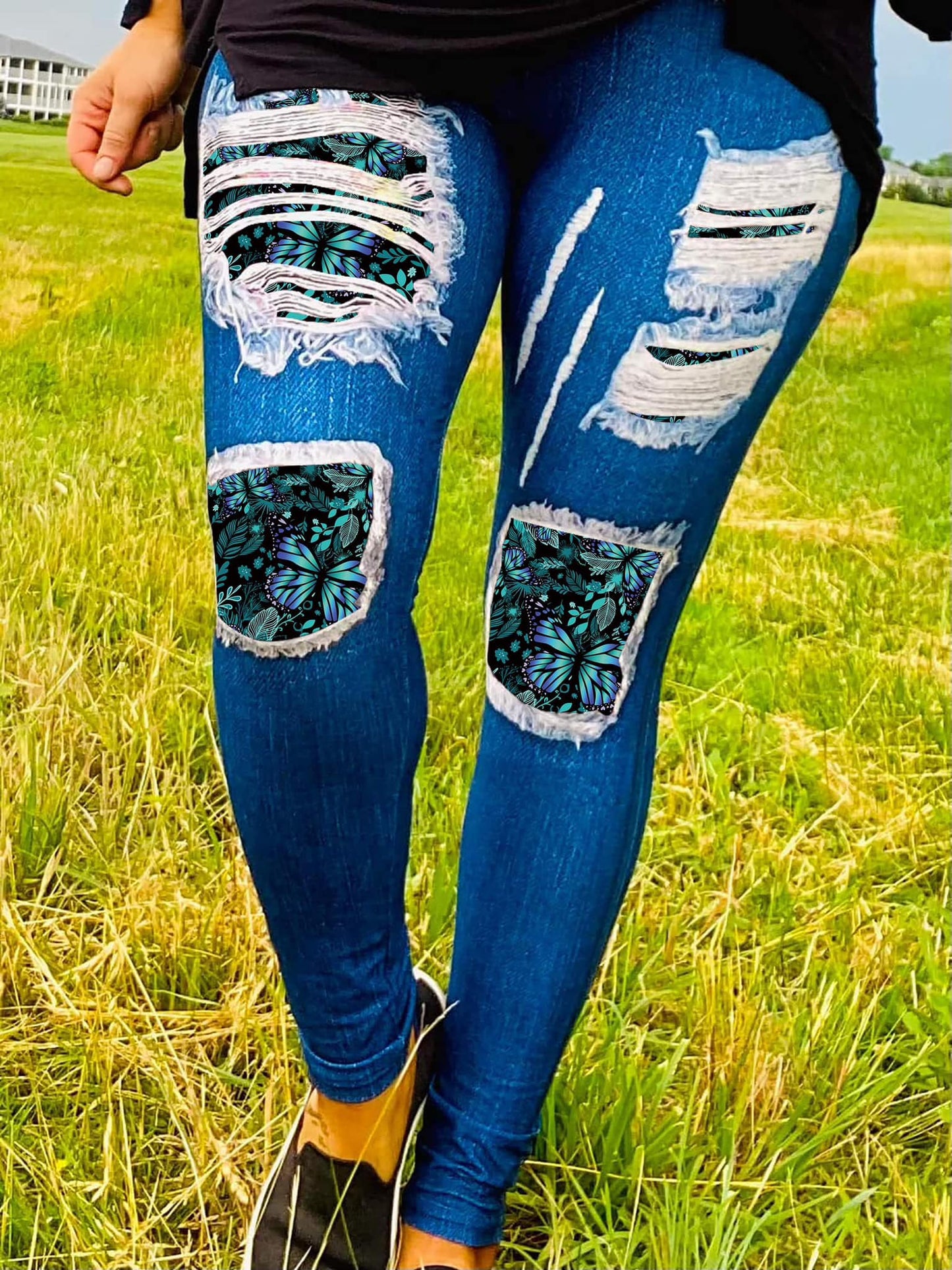 Teal Butterfly Faux Denim Leggings with Pockets (SLB)