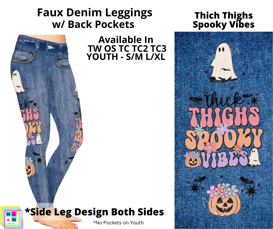 Thick Thighs Spooky Vibes Faux Denim Leggings with Back Pockets (Pixie)