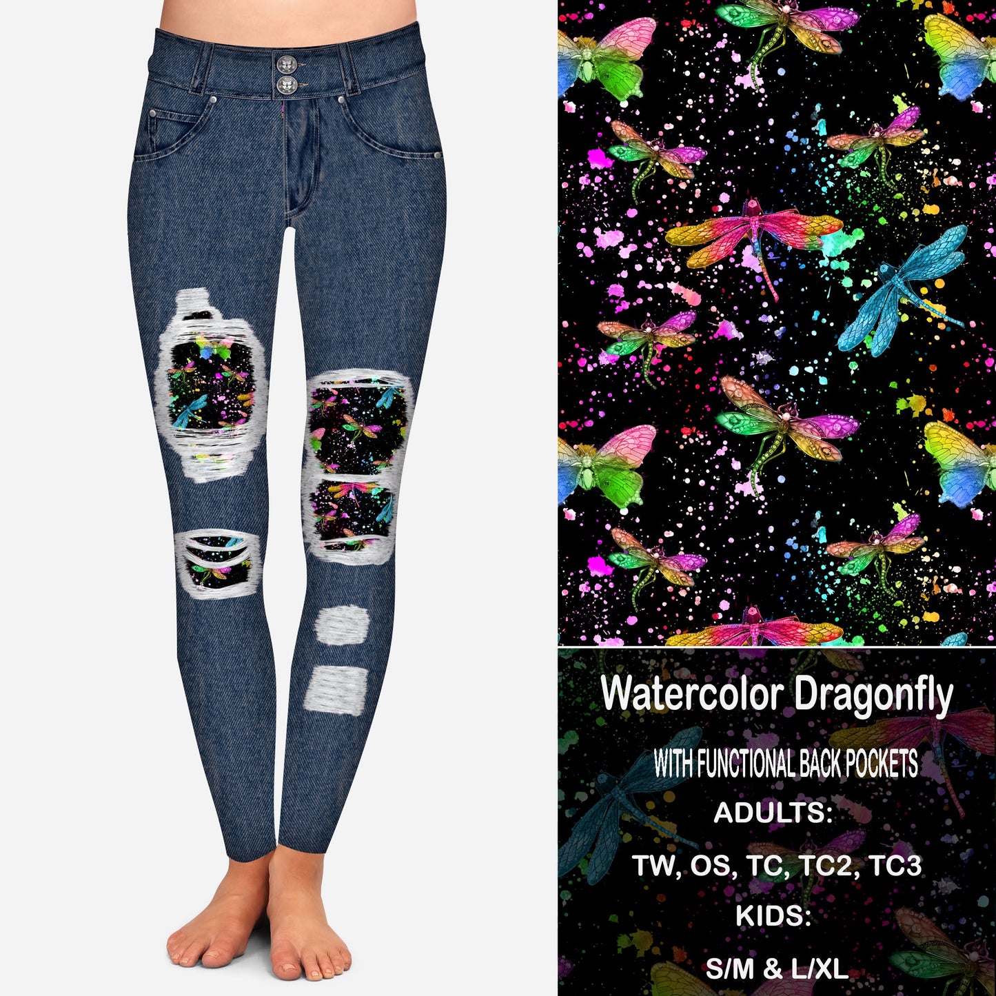 Watercolor Dragonfly Faux Denim Peek-A-Boo Leggings with Pockets (GY)