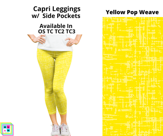 Neon Pop Weave Yellow Capri Leggings with Pockets (Pixie)