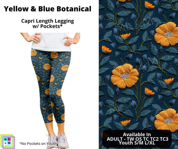 Yellow & Blue Botanical Capri Leggings with Pockets (Pixie)