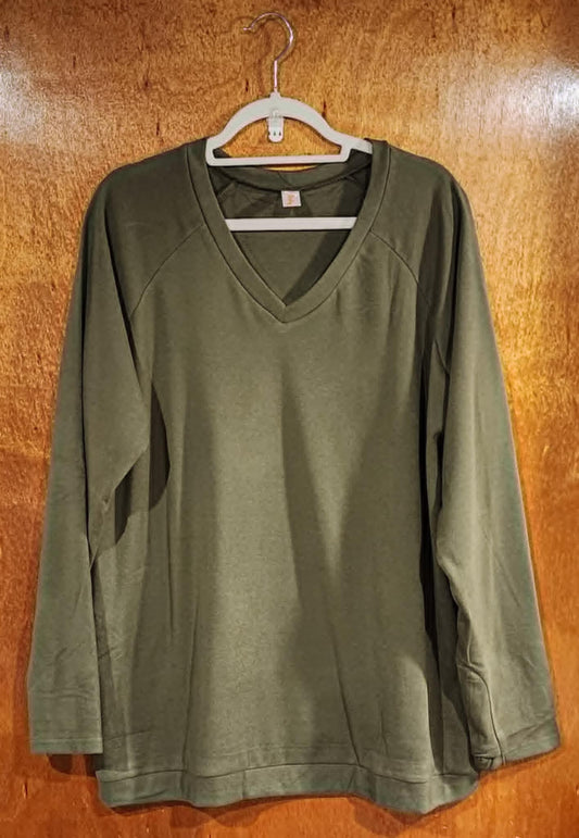 Olive Tara V-Neck Long Sleeve Thumbhole Shirt (OBW)