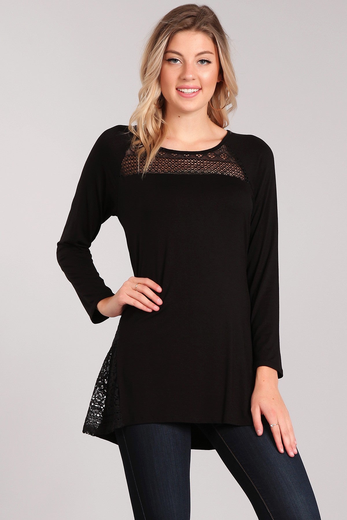 Black Long Sleeve Tunic with Lace Accents